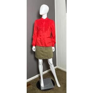 1970's Red Ruffled Tuxedo Button Down Shirt from Genty size Medium Femme